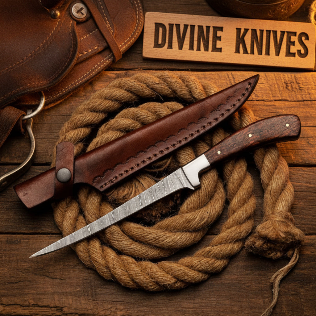 Rosewood Damascus Fish Fillet Knife with Silver Bolster