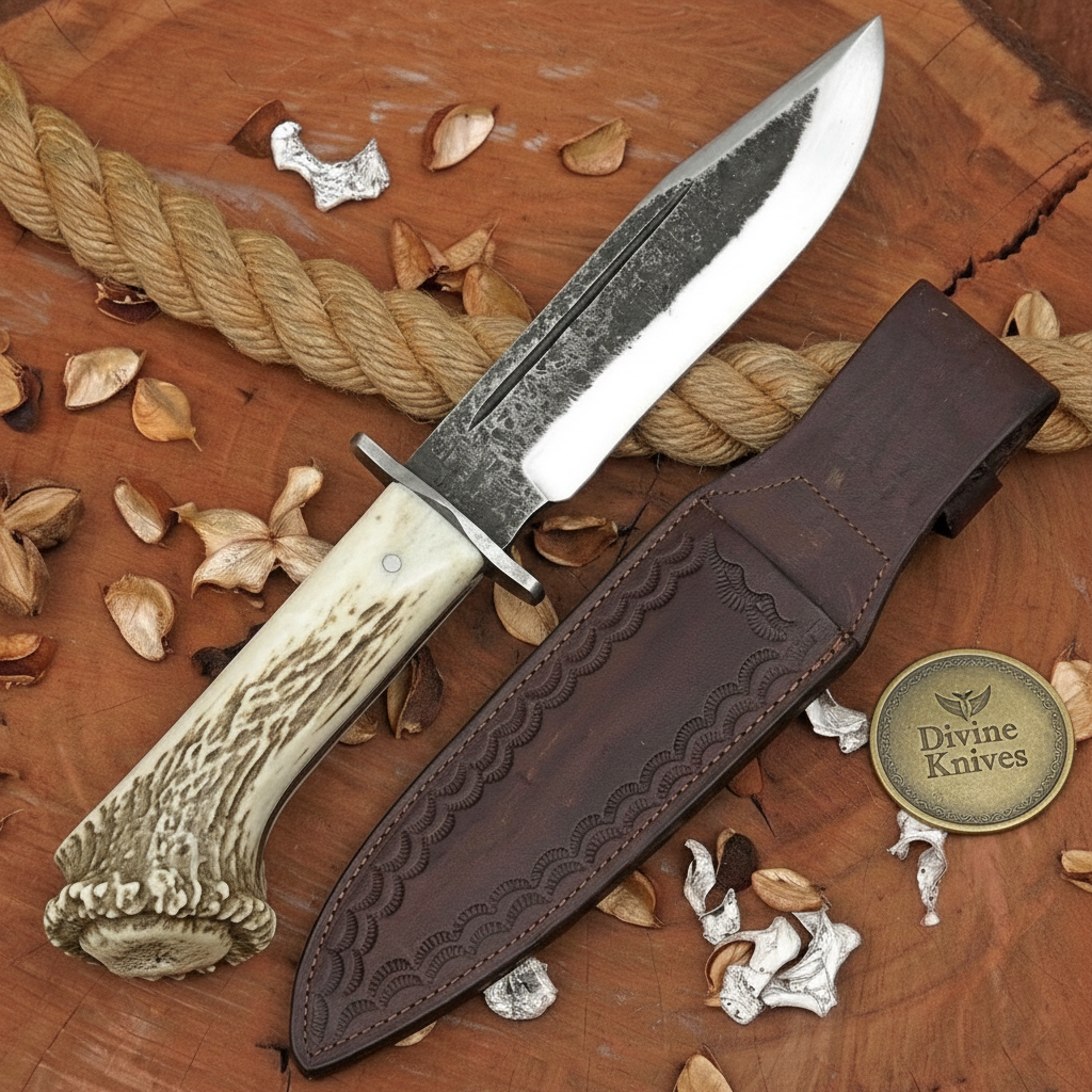 Crown Stag Hammered Crossguard Bowie Knife with Natural Antler Handle