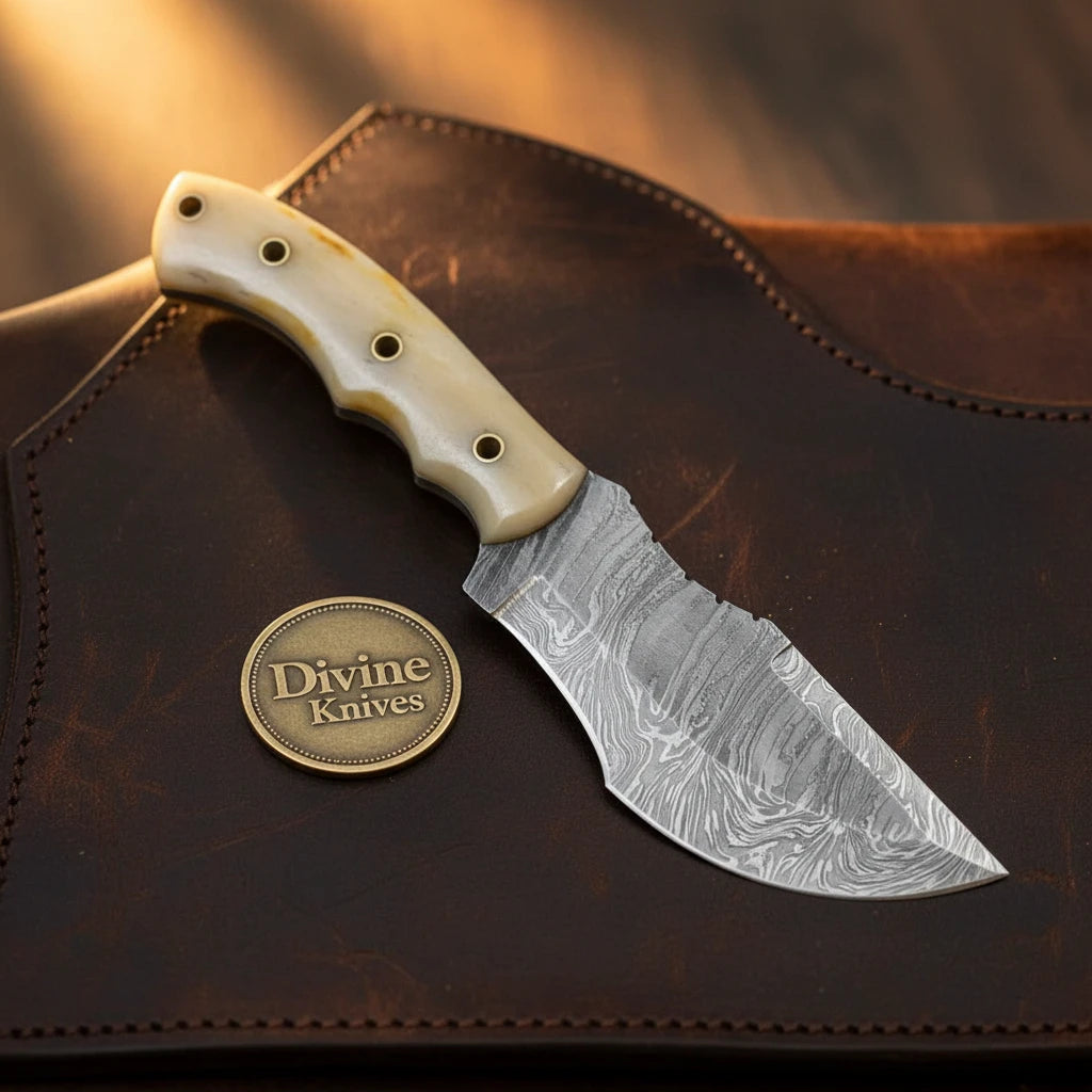 Khaki Bone Damascus Tracker Knife for Outdoor Work