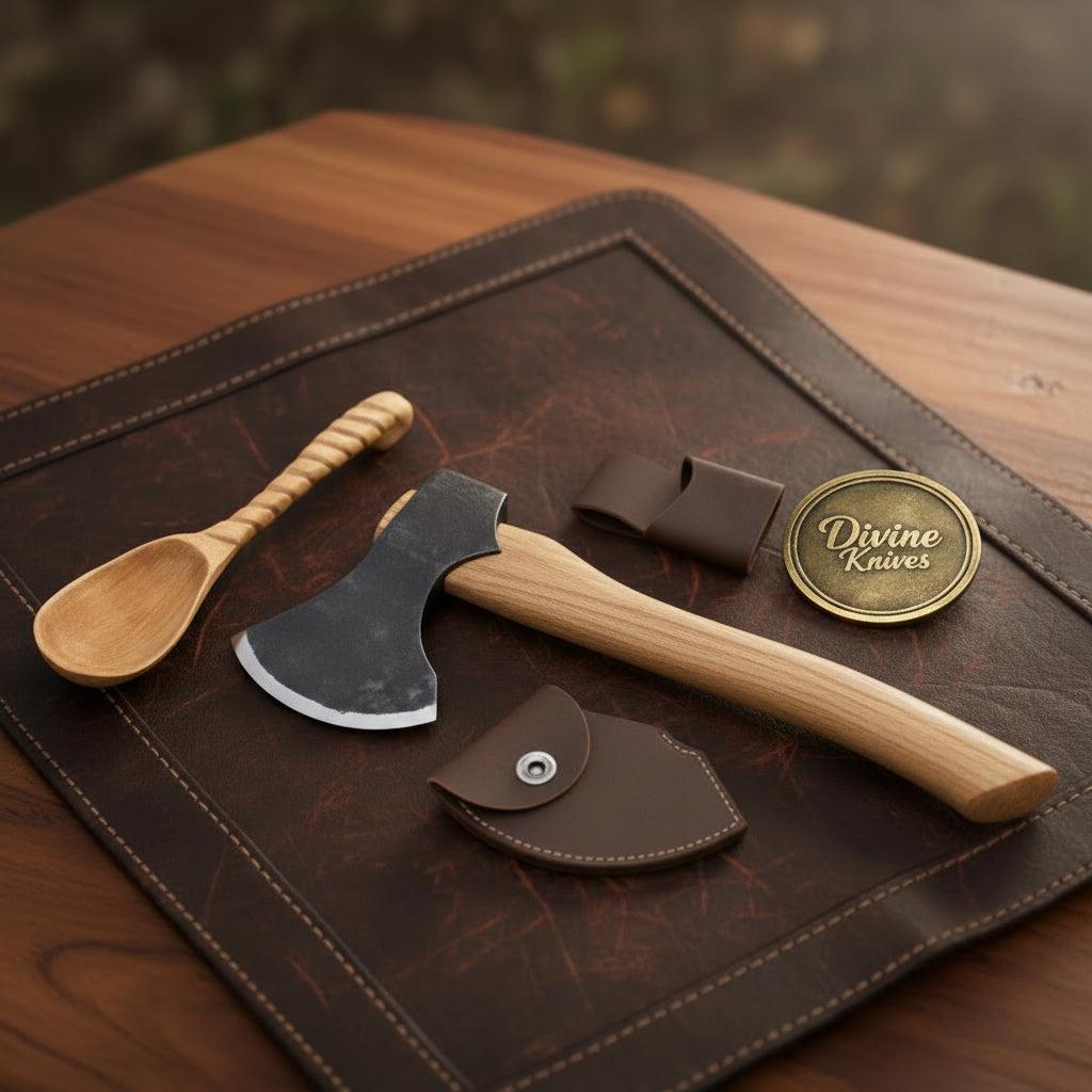 Bushcraft Carving Hatchet with Hickory Wood Handle & Leather Blade Sheath
