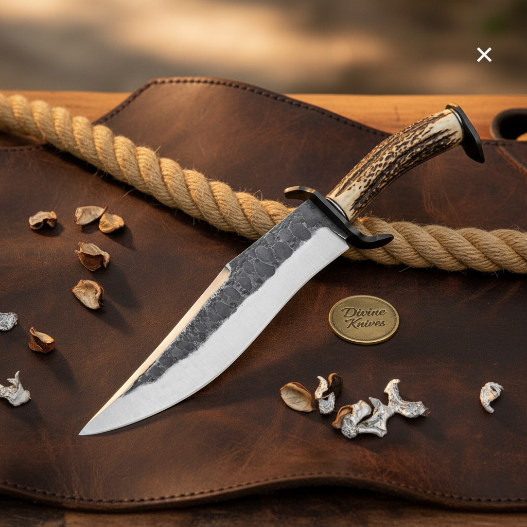Hammered Coffin Antler Clip-Point Bowie with Angular Grip