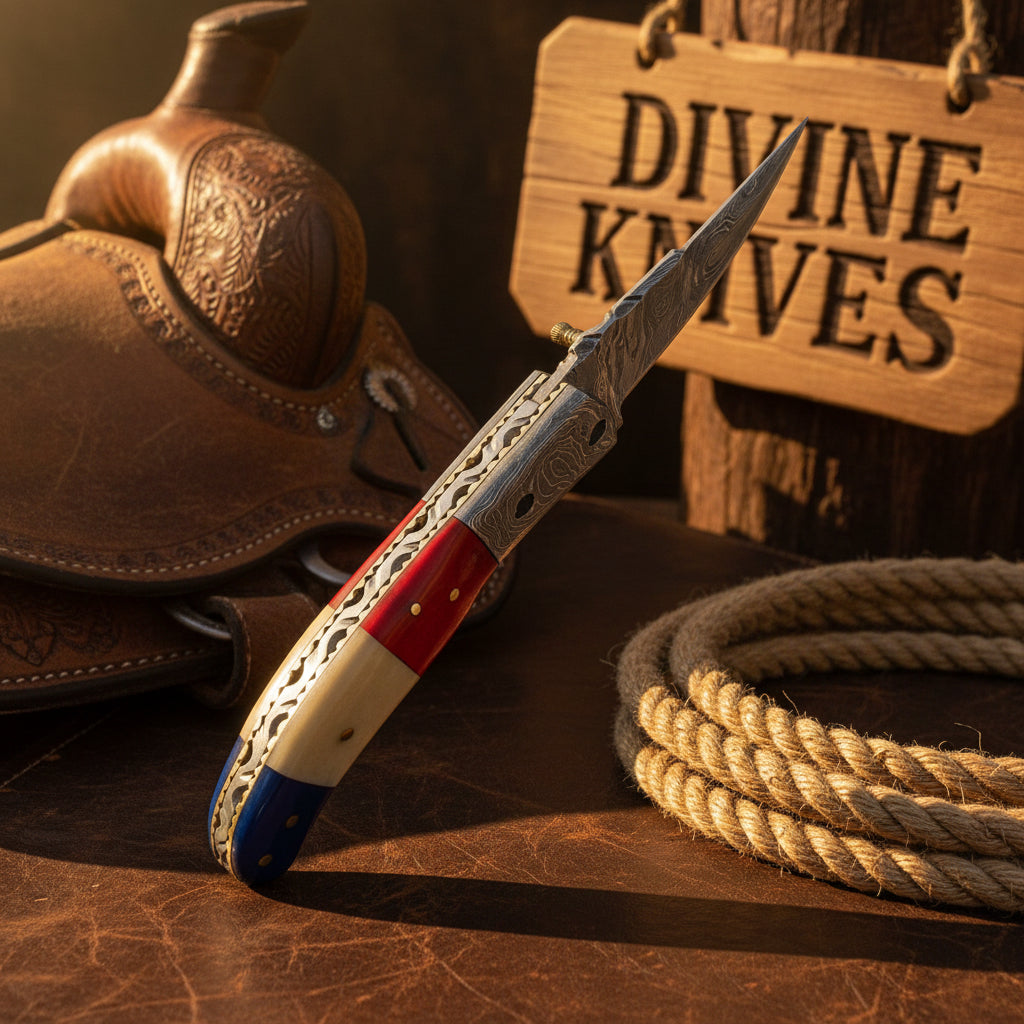 Texas Damascus Folding Knife with Wood Grain Blade and Tri-Color Handle