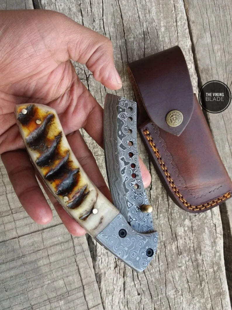 Ram Horn Cleaver Folding Knife with Twist Pattern Blade & Leather Pouch