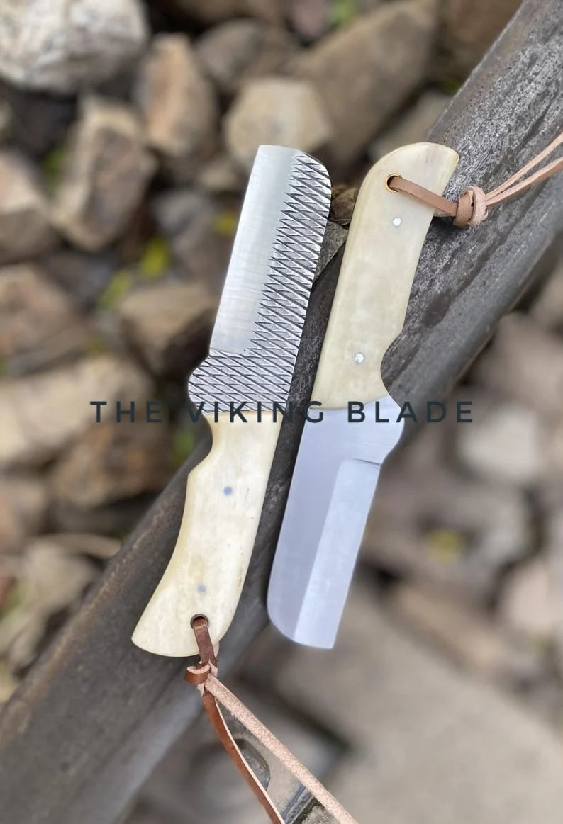 File-Work Camel Bone Bull Cutter Knife with Leather Lanyard