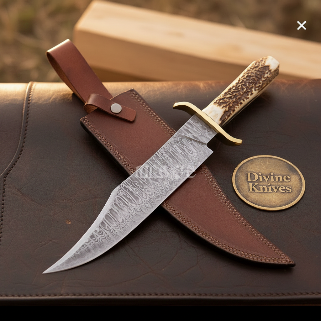 Stag Horn Damascus Clip-Point Bowie with Natural Antler Grip