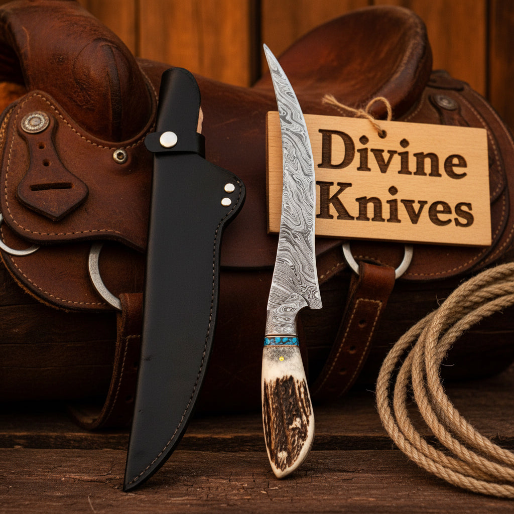 Stag Handle Fillet Knife with Turquoise Spacer and Curved Patterned Blade for Fish and Game Prep