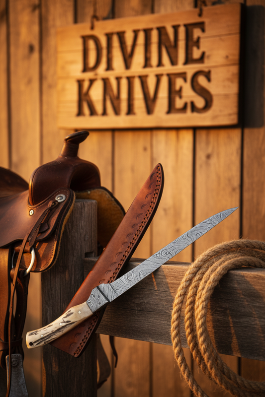 Damascus Stag Horn Fillet Knife with Flexible Blade for Clean Fish Cutting