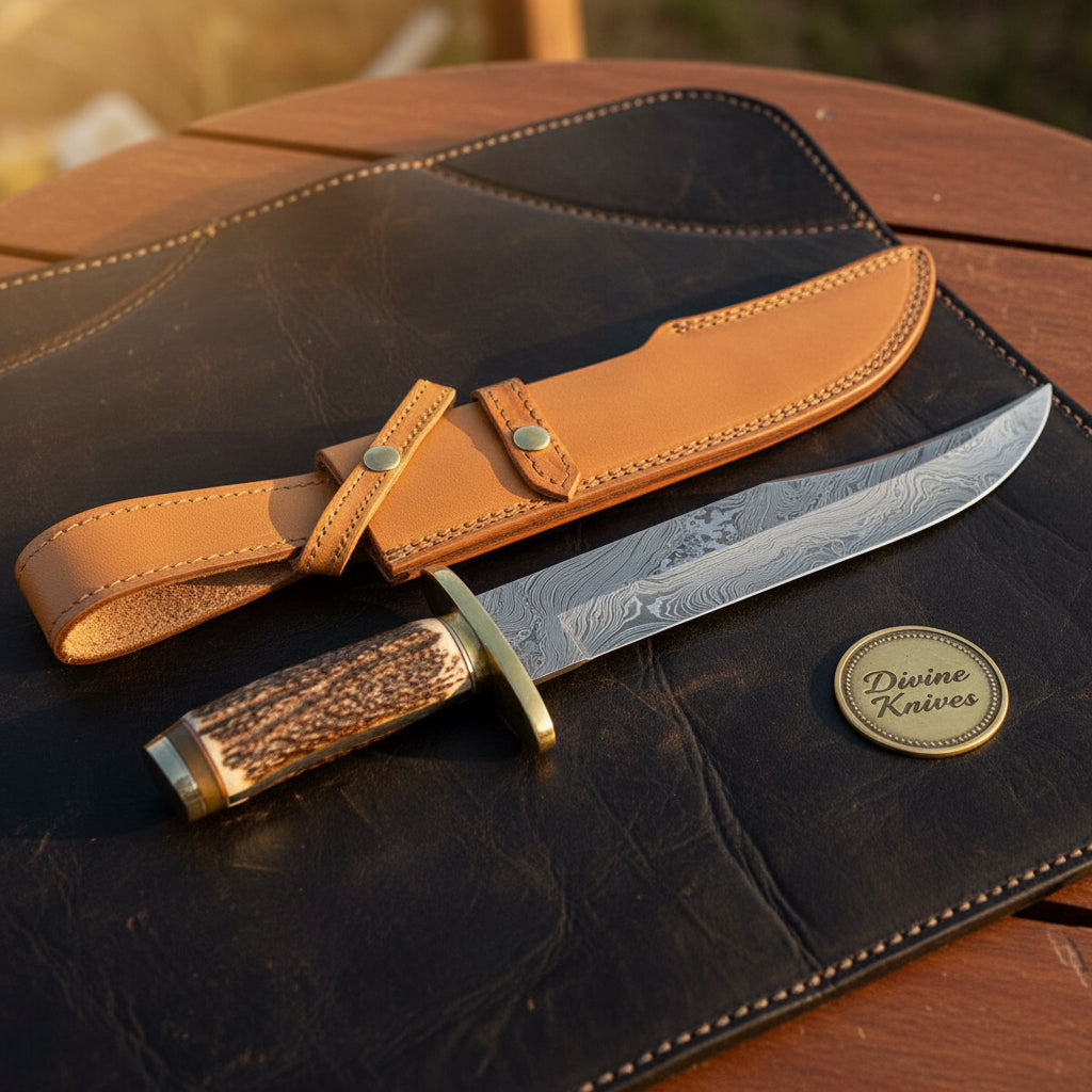 Staghorn Damascus Brass Clip Point Bowie with Brass Fittings for Field Work