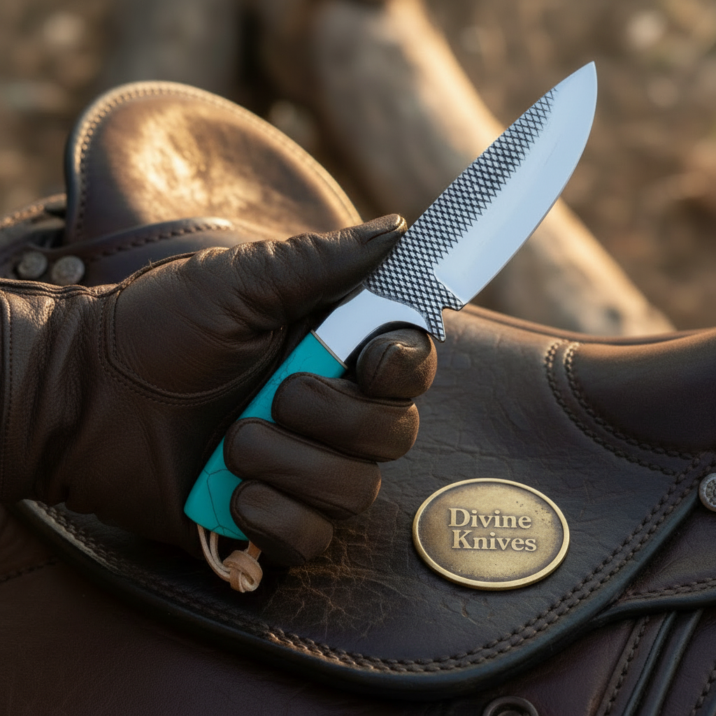 Turquoise Stone Skinner Knife with Cross-Hatch Blade for Hunters and Outdoor Users
