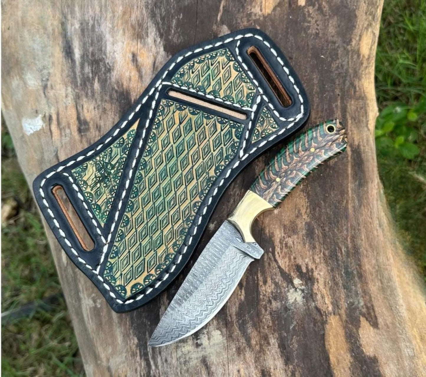 Camo Resin Drop Point Skinner Knife with Brass Bolster for Hunting and Outdoor Tasks