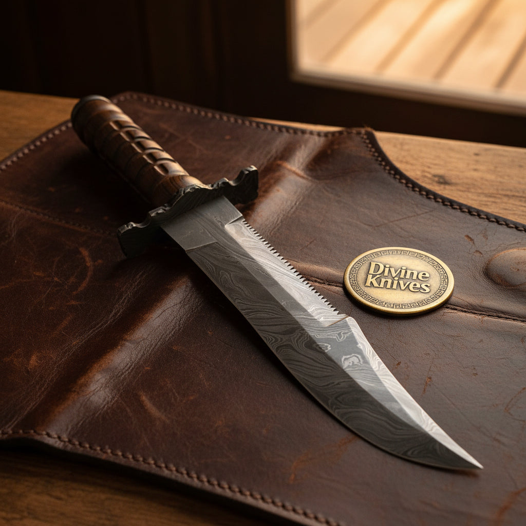 Grooved Grip Collector's Bowie Knife with Notched Forged Guard and Serrated Swedge Blade
