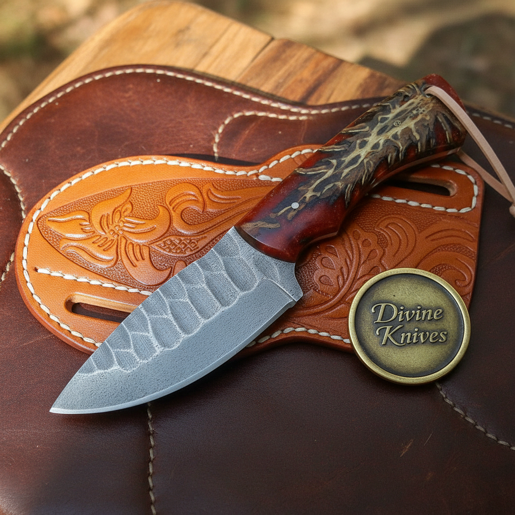 Brown Pinecone Damascus Skinner Knife With Leather Lanyard