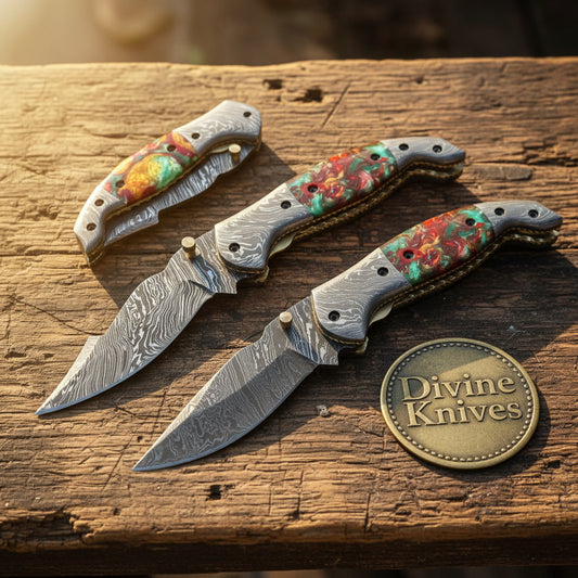 Damascus Liner Lock Knife Set with Colorful Resin Inlay