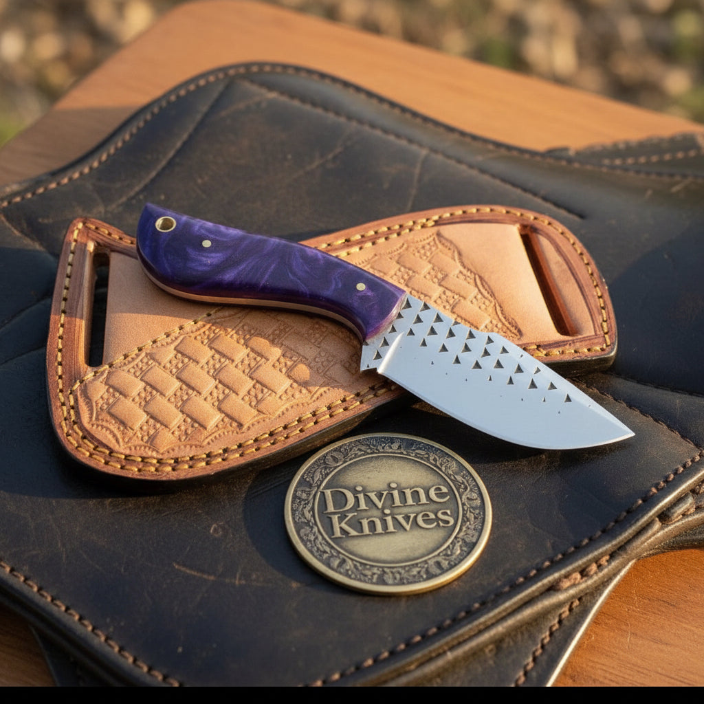 Purple Swirl Resin Rasp Cowboy Knife with Marbled Purple Handle