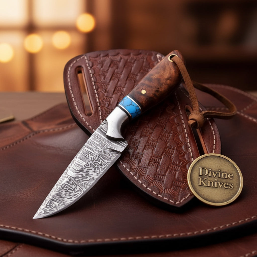 Turquoise Cross Draw Hunting Knife with Forged Damascus Blade