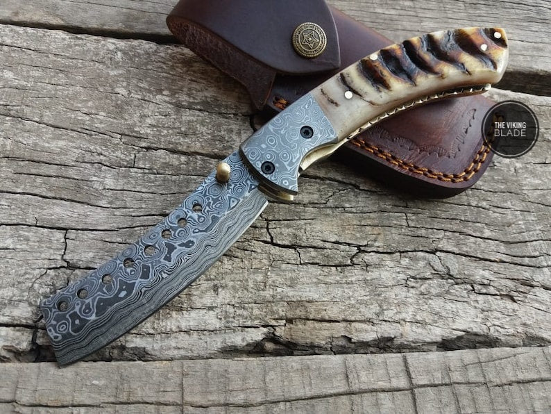 Ram Horn Cleaver Folding Knife with Twist Pattern Blade & Leather Pouch