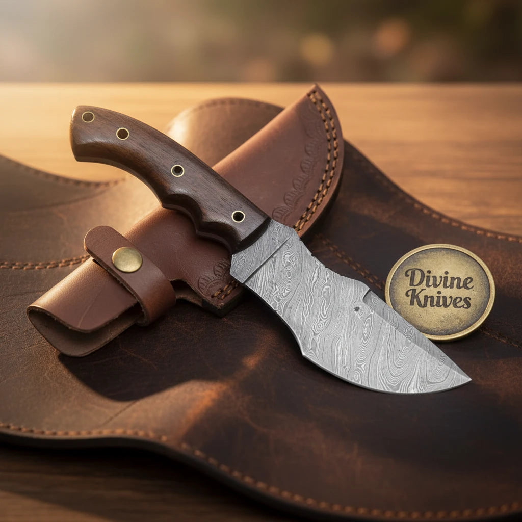Dark Rosewood Damascus Tracker Knife with Ergonomic Grip