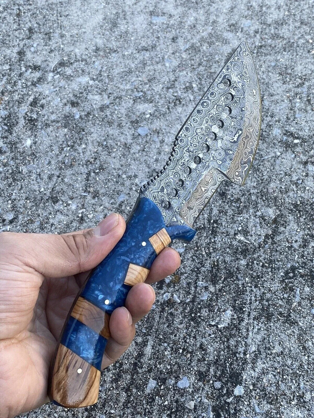 Drilled Blade Tracker Knife with Blue Resin & Olive Wood Handle