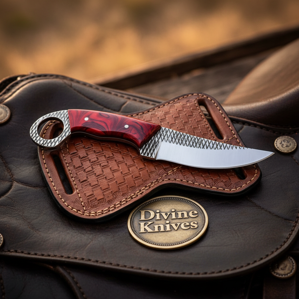 Red Resin Rasp Steel Ring Skinner with Pommel Ring for Field Work