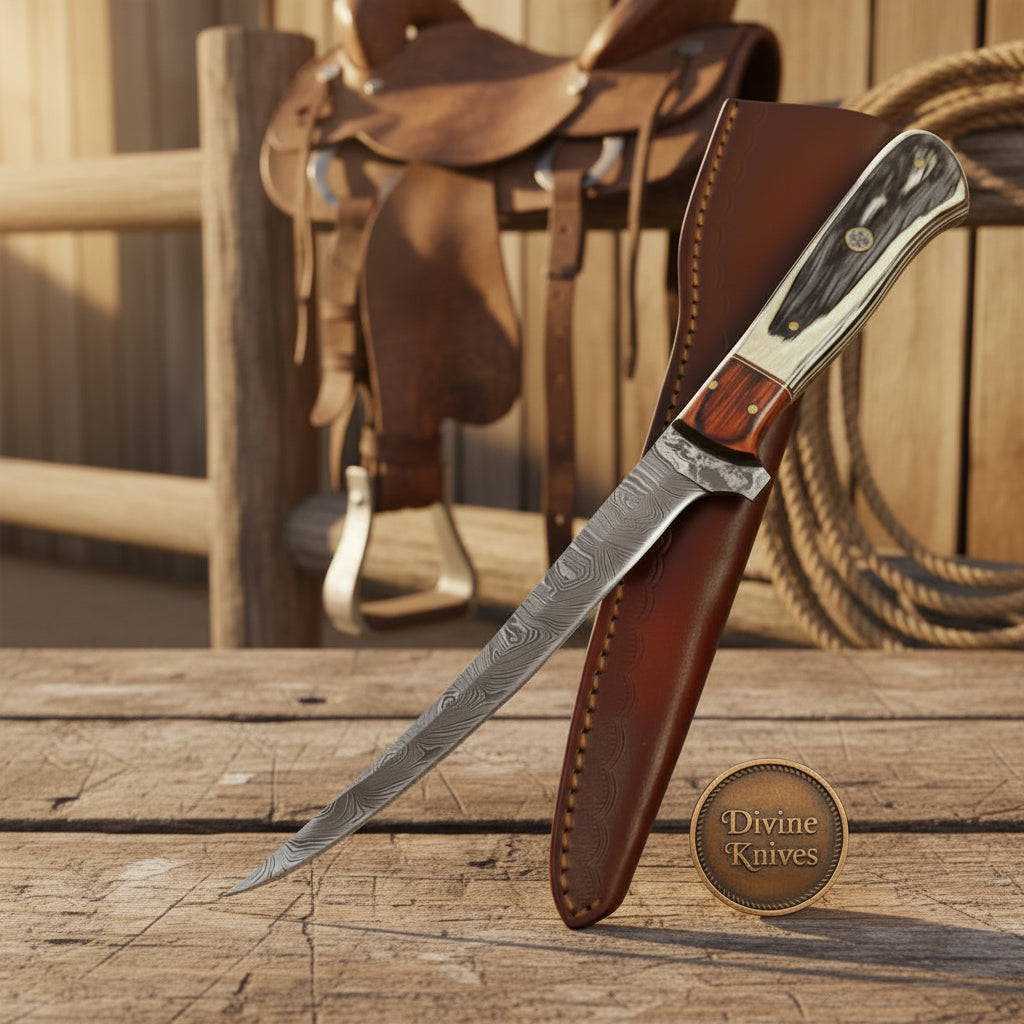 Wrangler's Horn Fillet Knife with Wood Grain Damascus Blade
