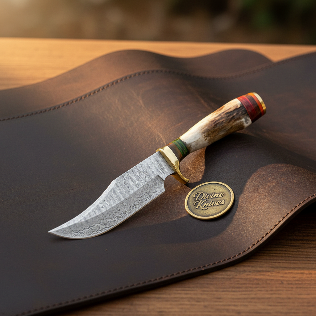 Stag Antler Skinning Knife with Hand Forged Curved Blade & Leather Belt Sheath