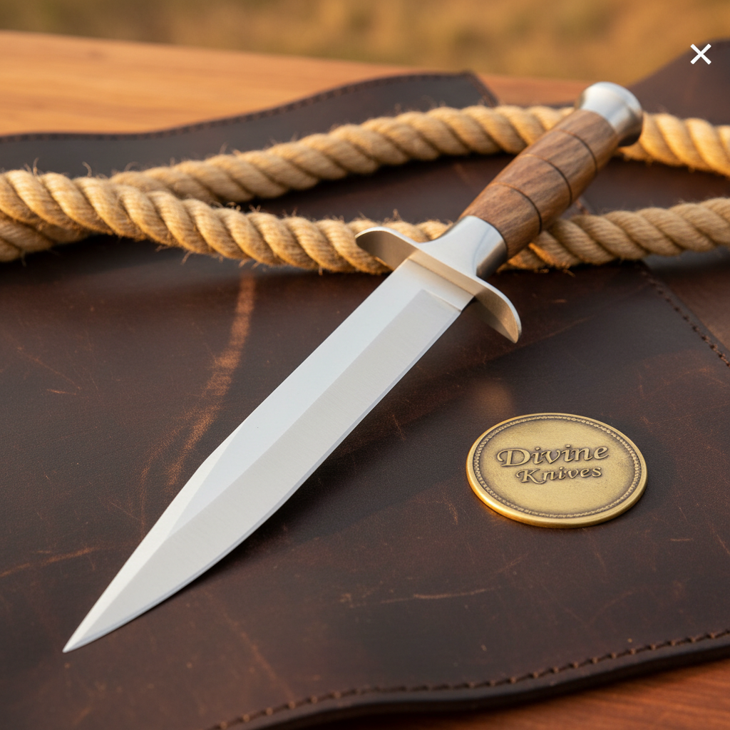 Double-Edged Spear Point Walnut Dagger with Grooved Wood Handle