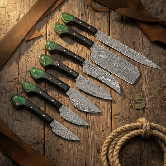 7 Piece Emerald Damascus Western Chef's Set with Black Wood Handles