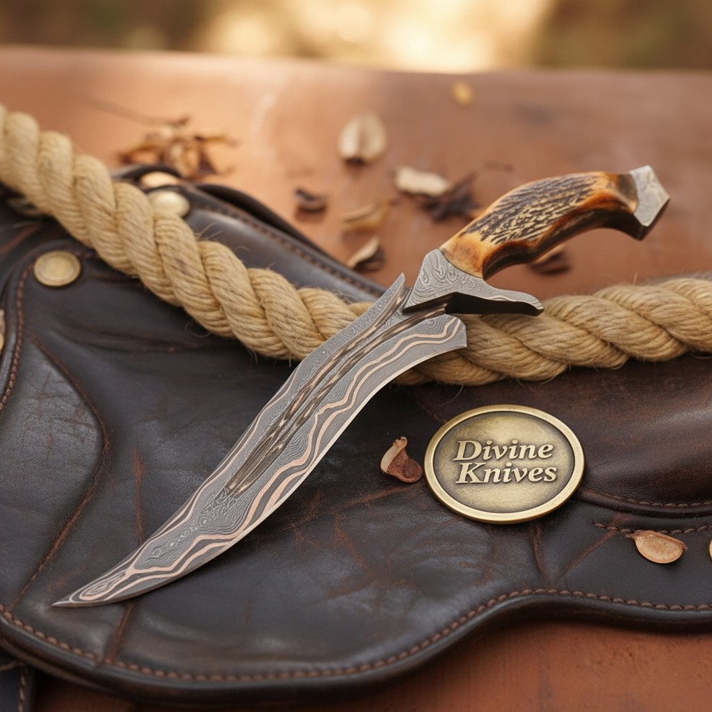 Stag Horn Trailing Point Bowie with Deep Curved Forged Blade and Leather Sheath