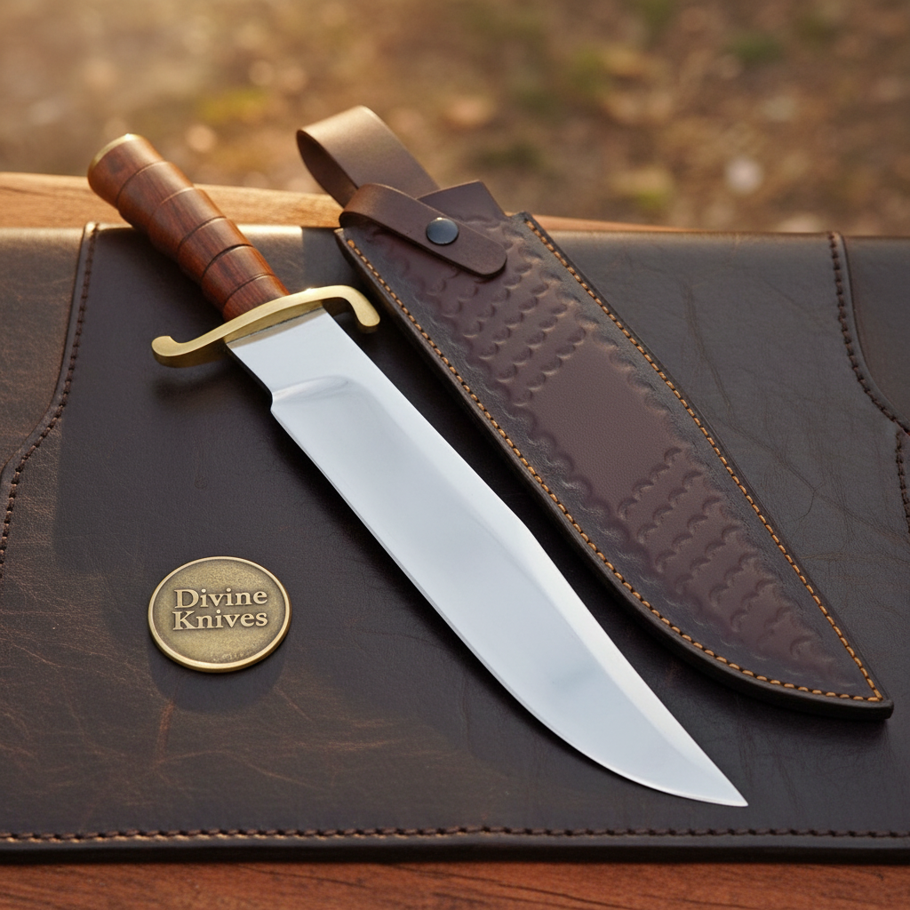 Brown Wood D2 Steel Clip Point Bowie with Ridged Grip