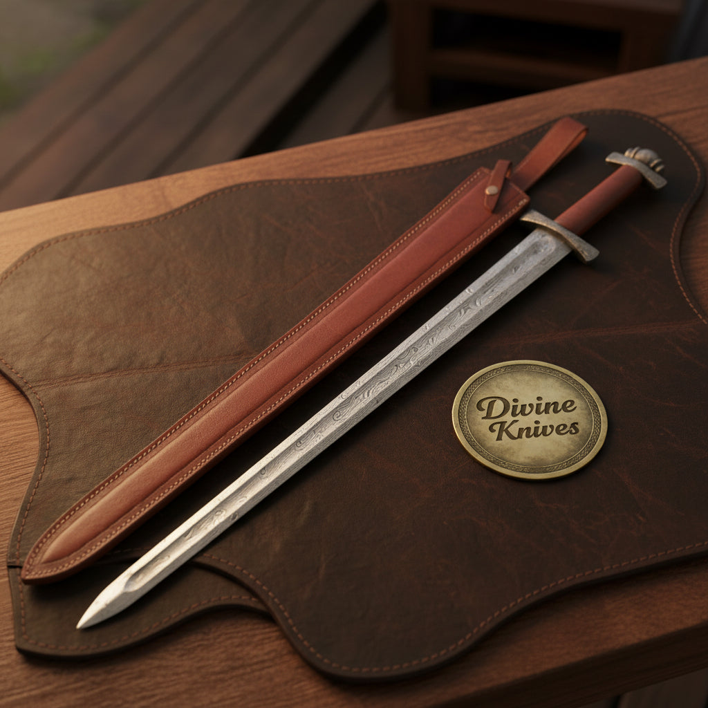 Leather Wrapped Viking Sword with Forged Crossguard and Hand Stitched Tan Scabbard
