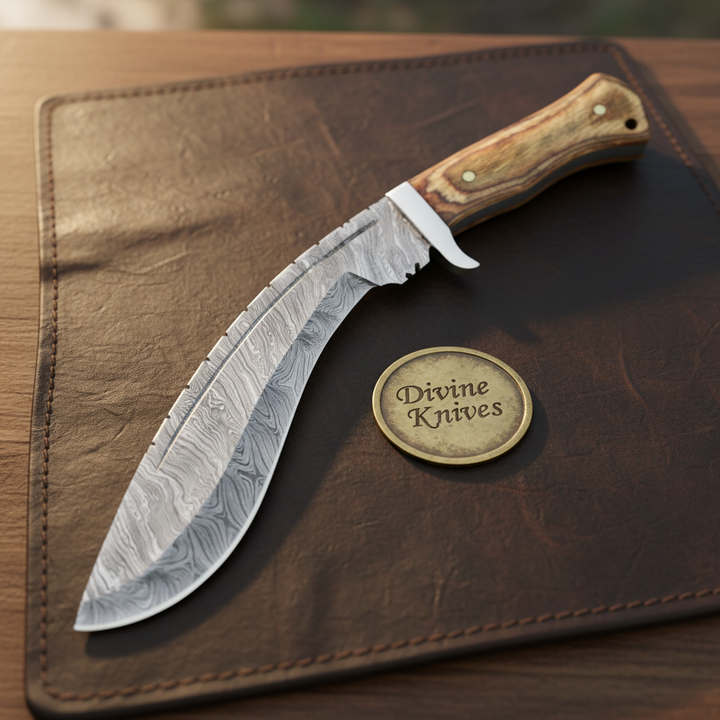 Hardwood Damascus Gurkha Kukri with Natural Wood Handle