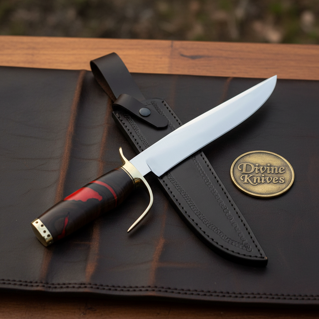 Red Micarta Handle Bowie Knife with Polished Drop Point Blade and Tooled Black Sheath