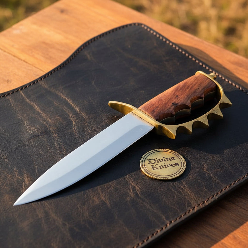 Knuckle Guard Dagger Knife with Rosewood Finger Groove Grip and Two Tone Leather Sheath