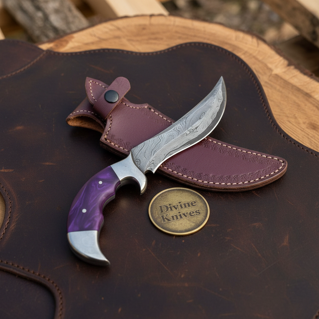 Purple Resin Handle Hunting Knife with Finger Groove Grip and Curved Forged Blade