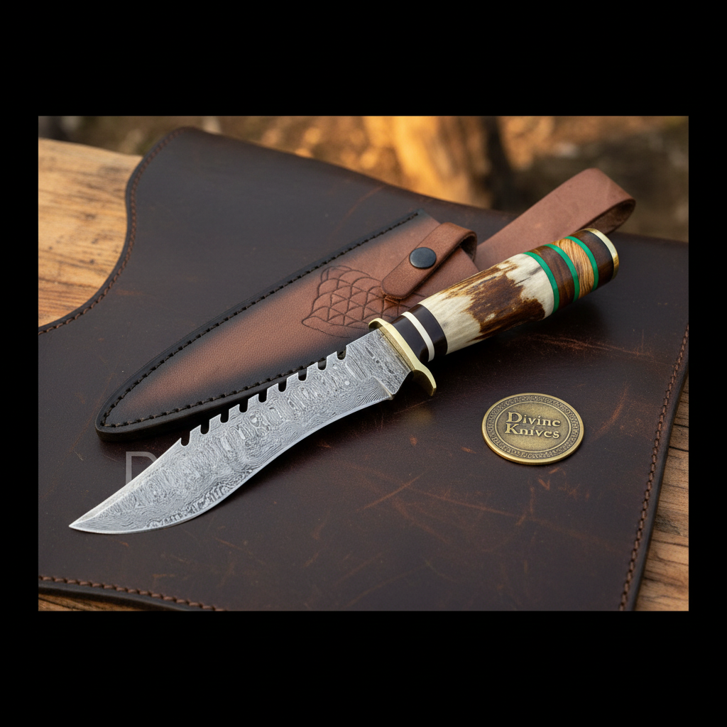 Staghorn Damascus Sawback Survival Bowie with Notched Spine for Field Work