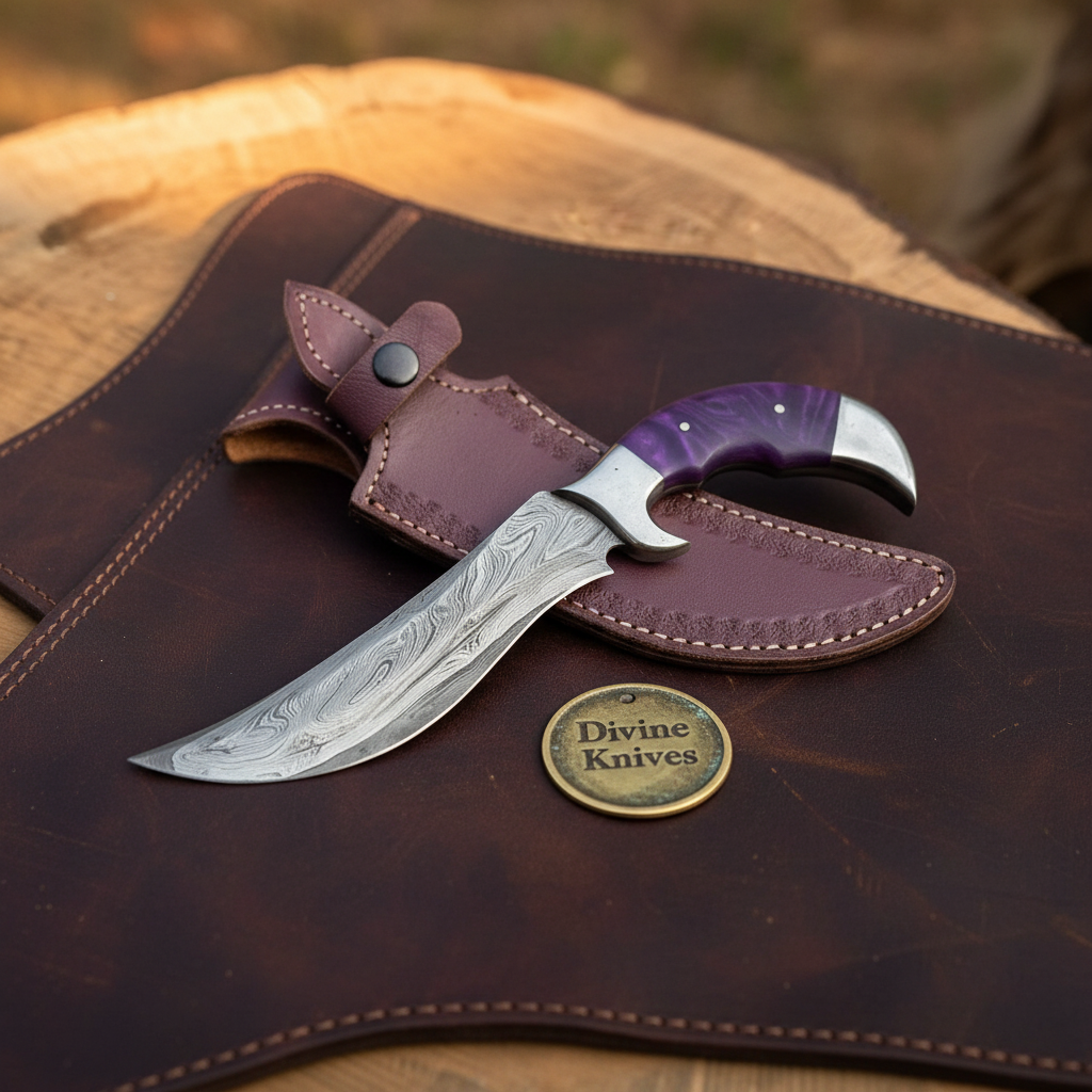 Purple Resin Handle Hunting Knife with Finger Groove Grip and Curved Forged Blade
