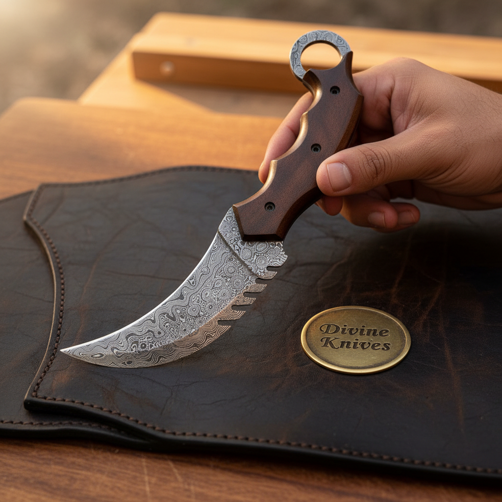 Karambit Claw Knife with Rosewood Handle, Finger Ring and Hand Forged Curved Blade