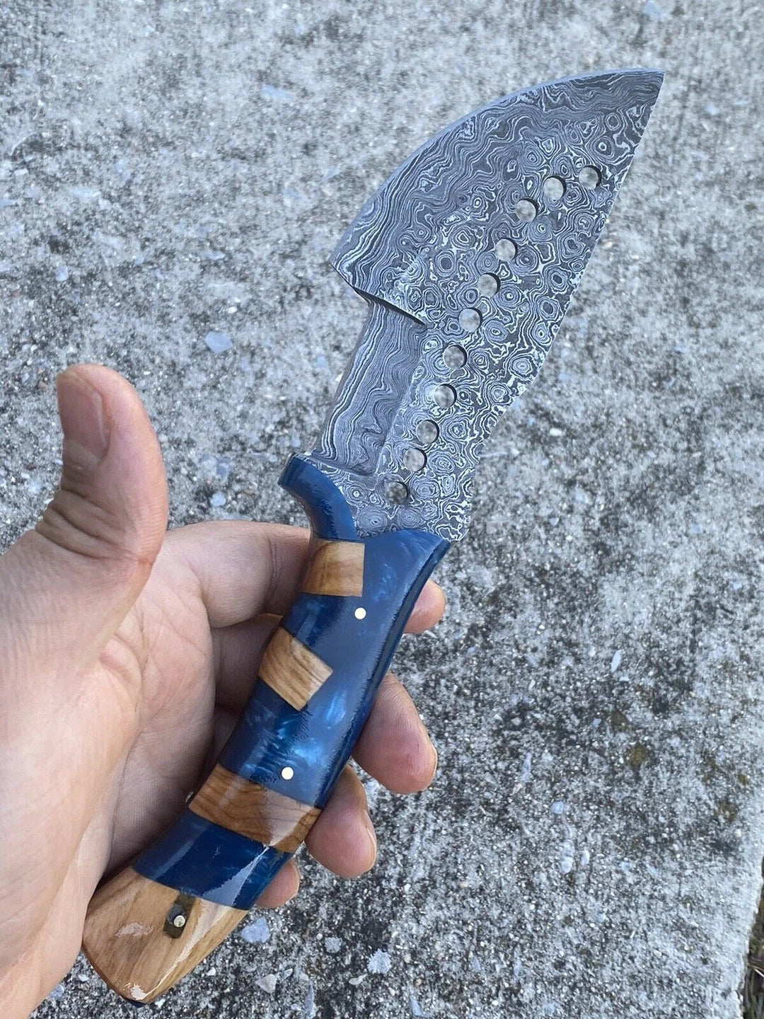 Drilled Blade Tracker Knife with Blue Resin & Olive Wood Handle