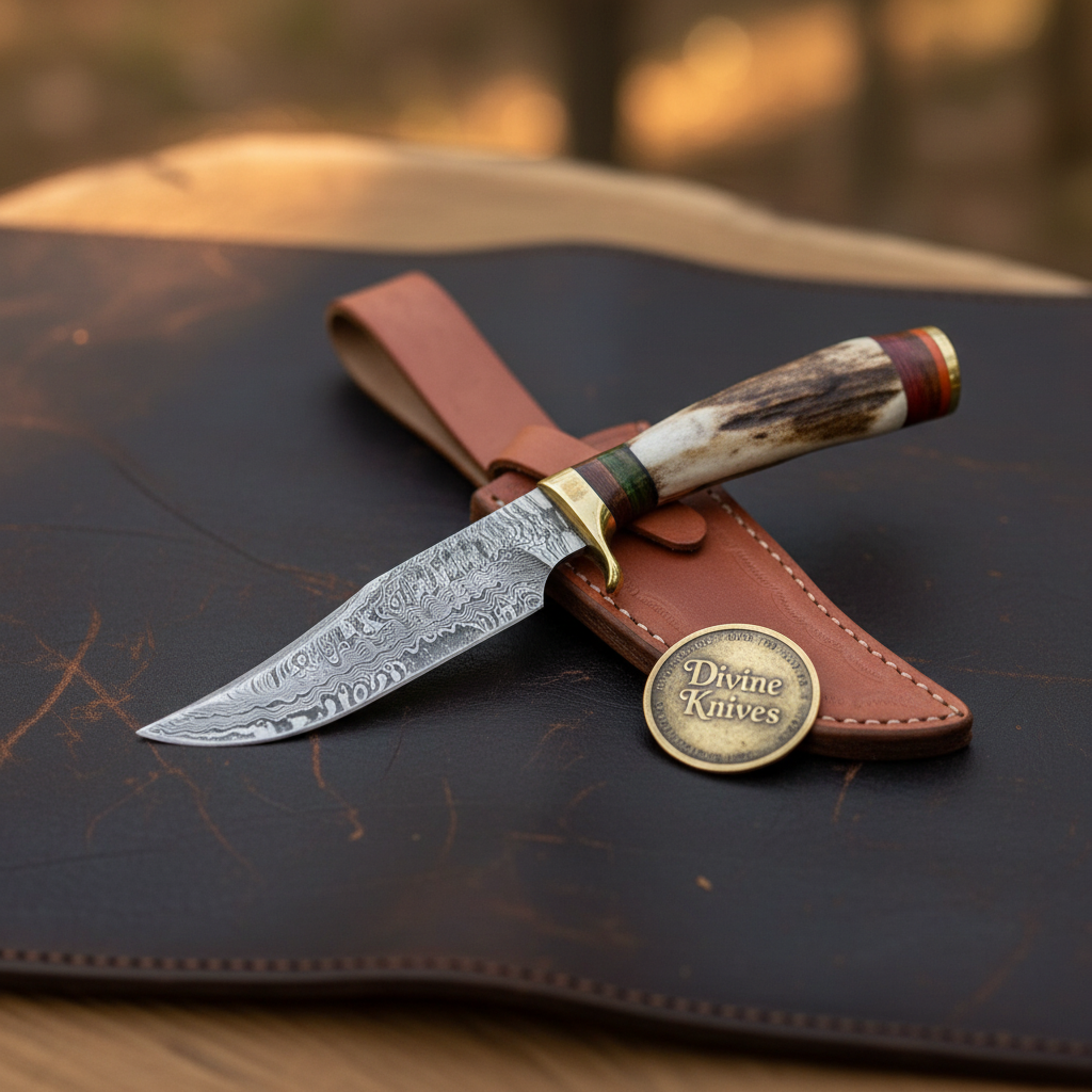 Stag Antler Skinning Knife with Hand Forged Curved Blade & Leather Belt Sheath