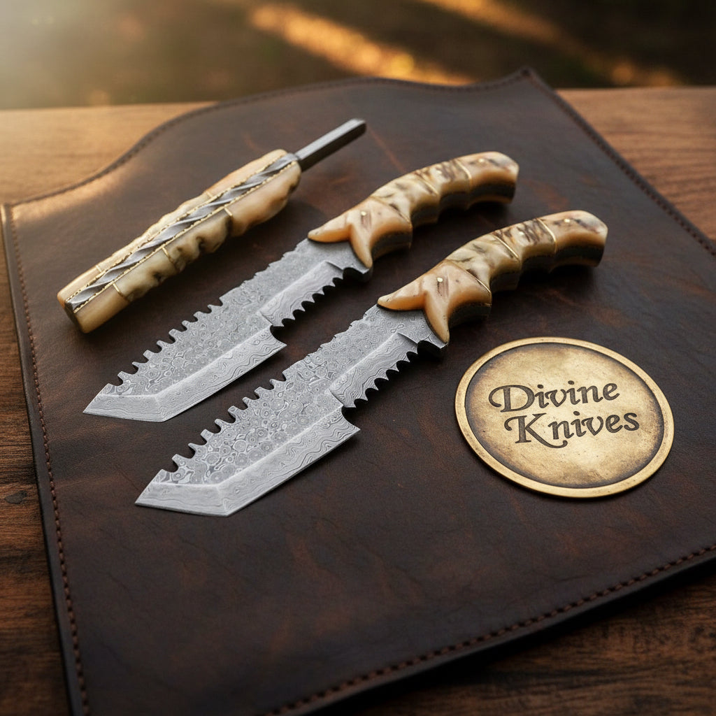Staghorn Damascus Tanto-Tracker Knife Set with Notched Spines for Heavy Work