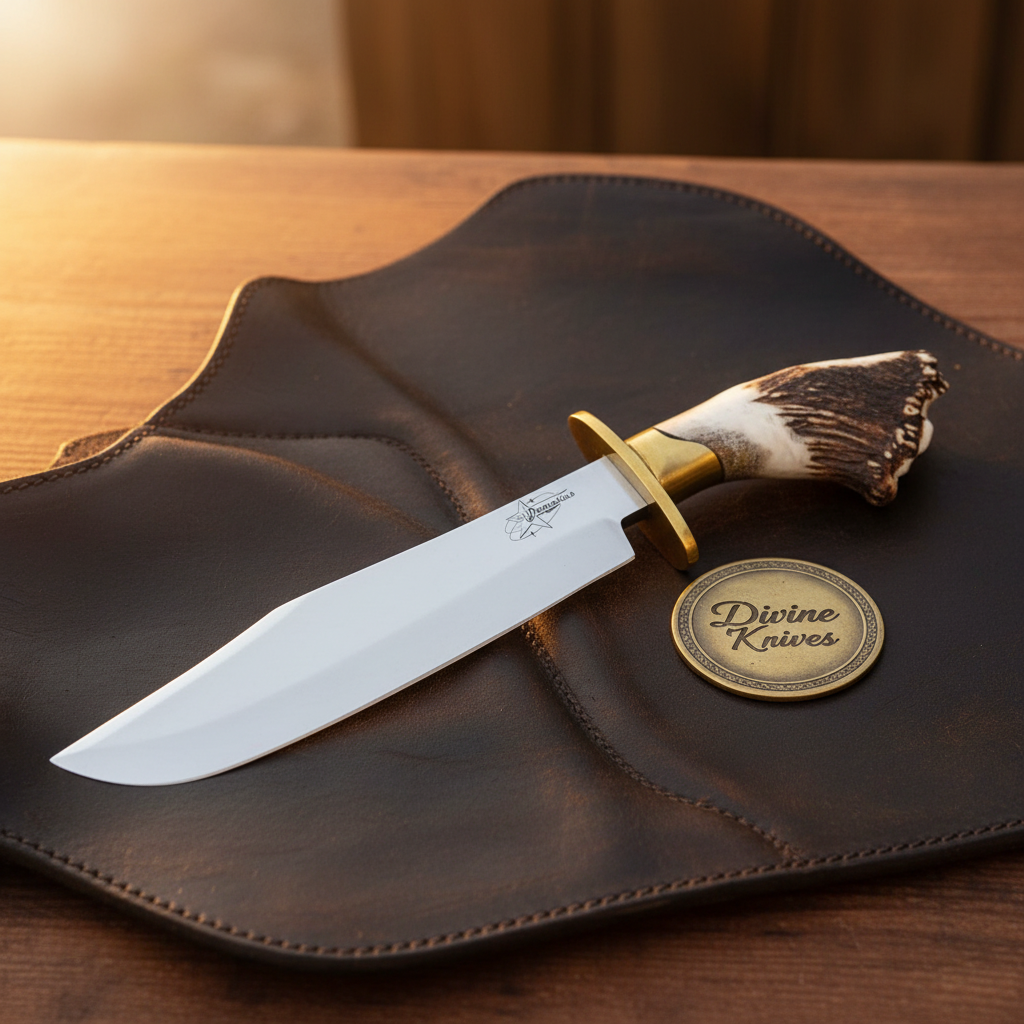 Crown Antler D2 Steel Brass Clip-Point Bowie with Dog-Leg style Handle