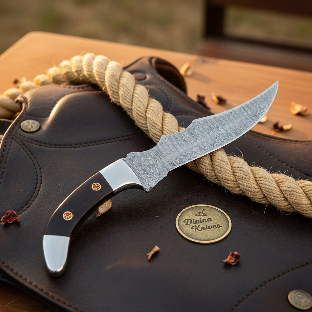Buffalo Horn Skinner Knife with Upswept Forged Blade and Polished Steel Bolsters