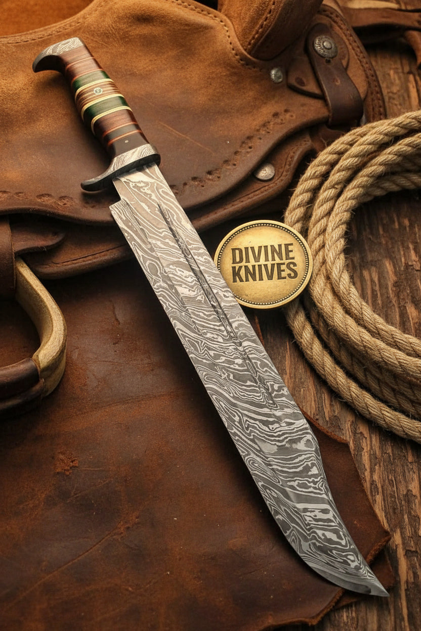 Appalachian Damascus Bowie with Stacked Leather Handle