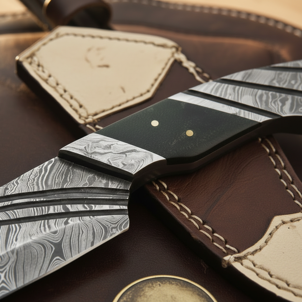 Green Micarta Handle Bowie Knife with Grooved Spine Blade and Two Tone Leather Sheath