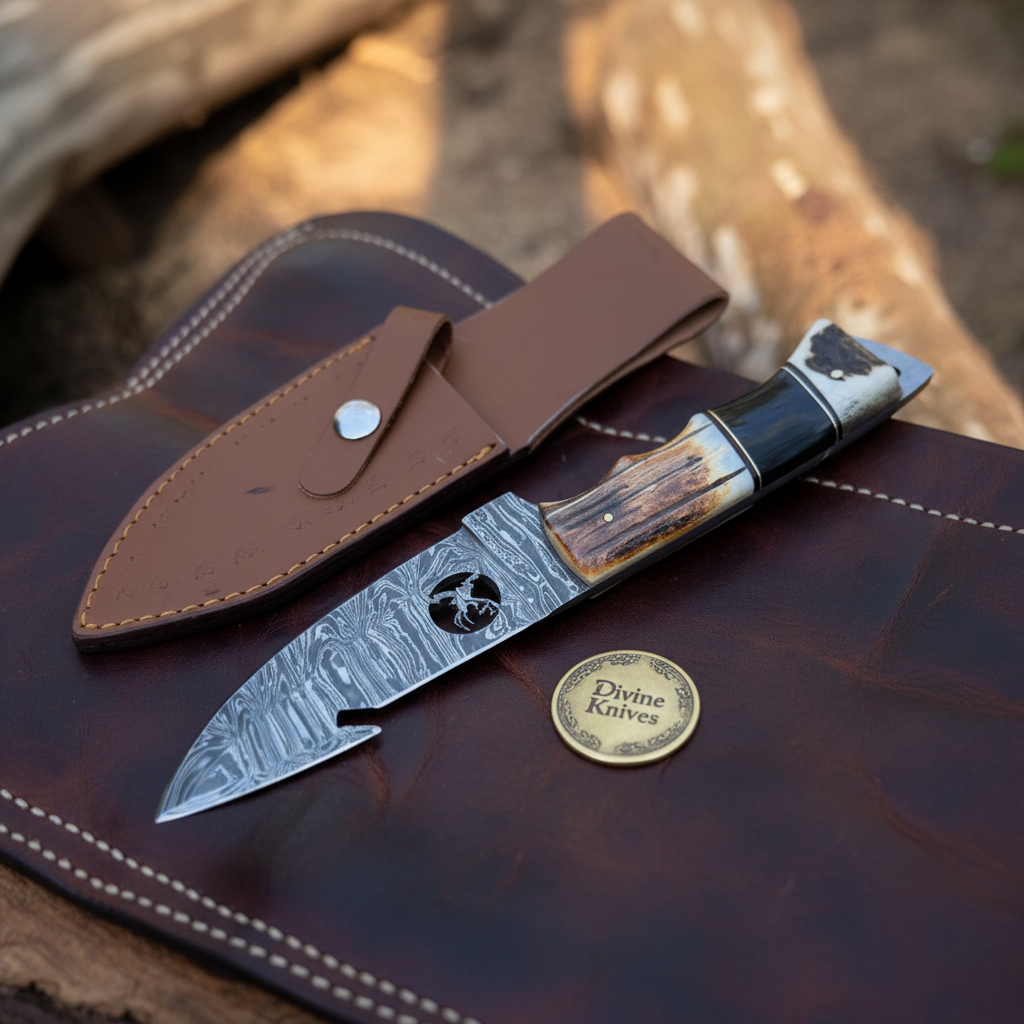 Deer Silhouette Gut Hook Knife with Cutout Blade Artwork and Stag Bone Handle