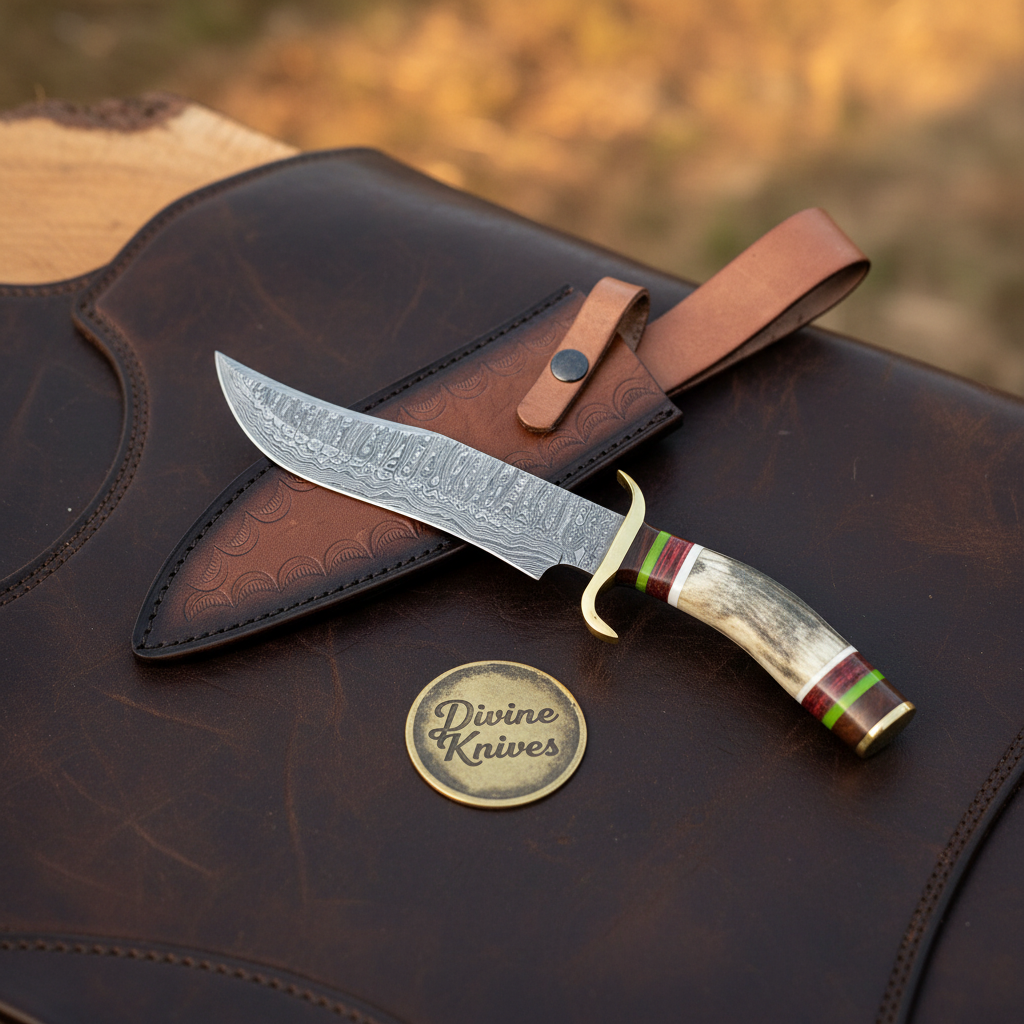 Antler S-Guard Damascus Clip Point Bowie with Color Spacer Handle
