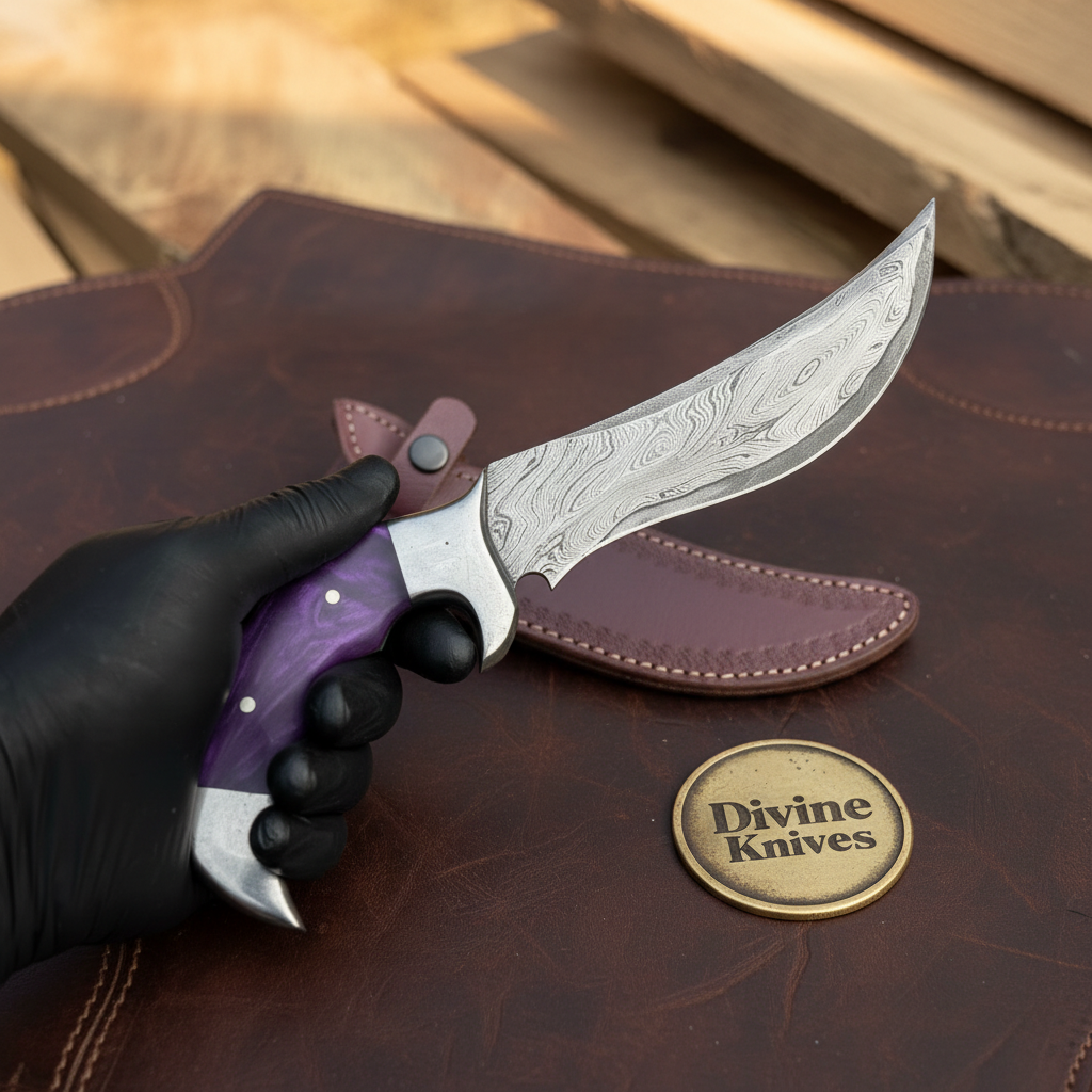 Purple Resin Handle Hunting Knife with Finger Groove Grip and Curved Forged Blade