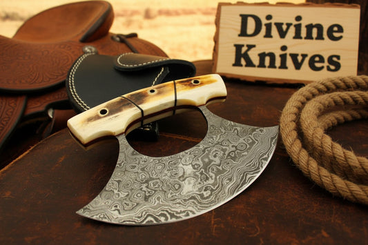 Damascus Stag Horn Alaskan Ulu with Raindrop Damascus Crescent Blade