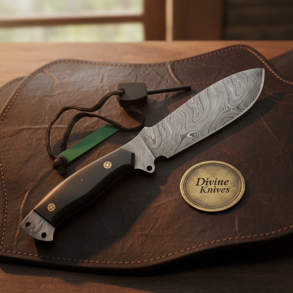 Bushcraft Survival Knife with Ferro Rod, G10 Handle and Exposed Full Tang Pommel