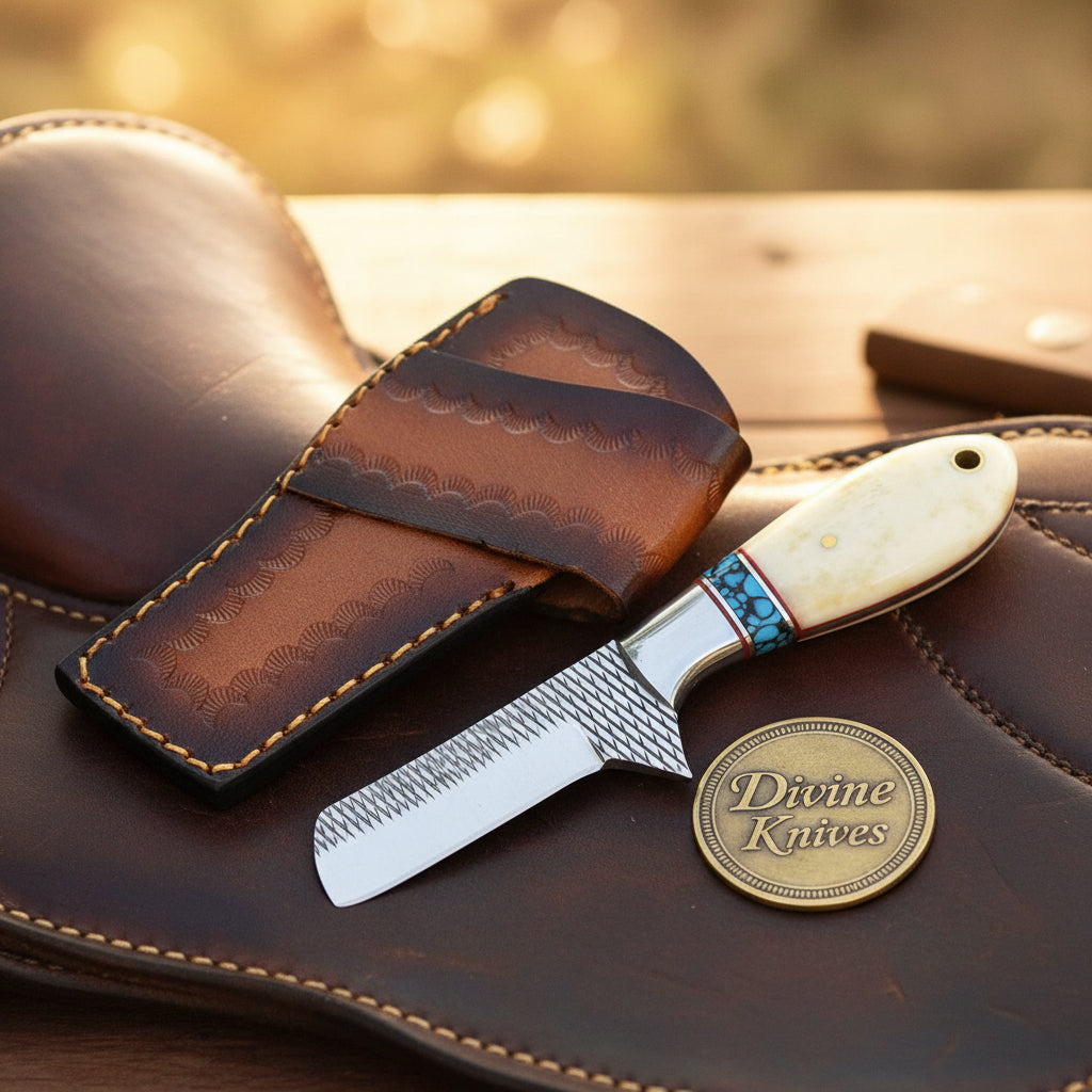 Turquoise & Bone Rasp Bull Cutter Knife with Tooled Leather Sheath